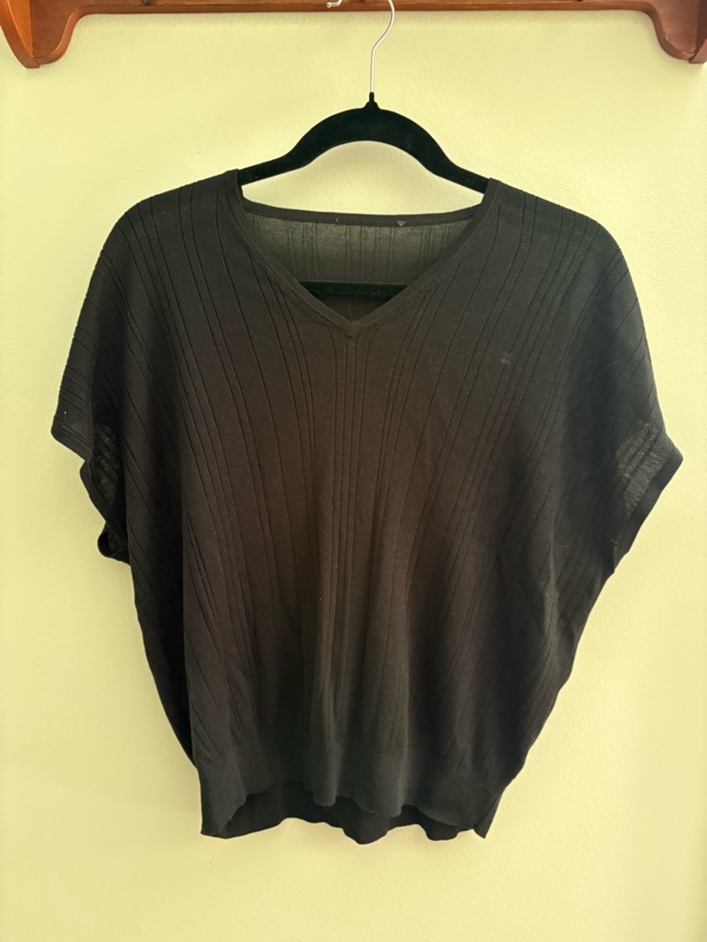 Black V-Neck Ribbed Short Sleeve Knit Top